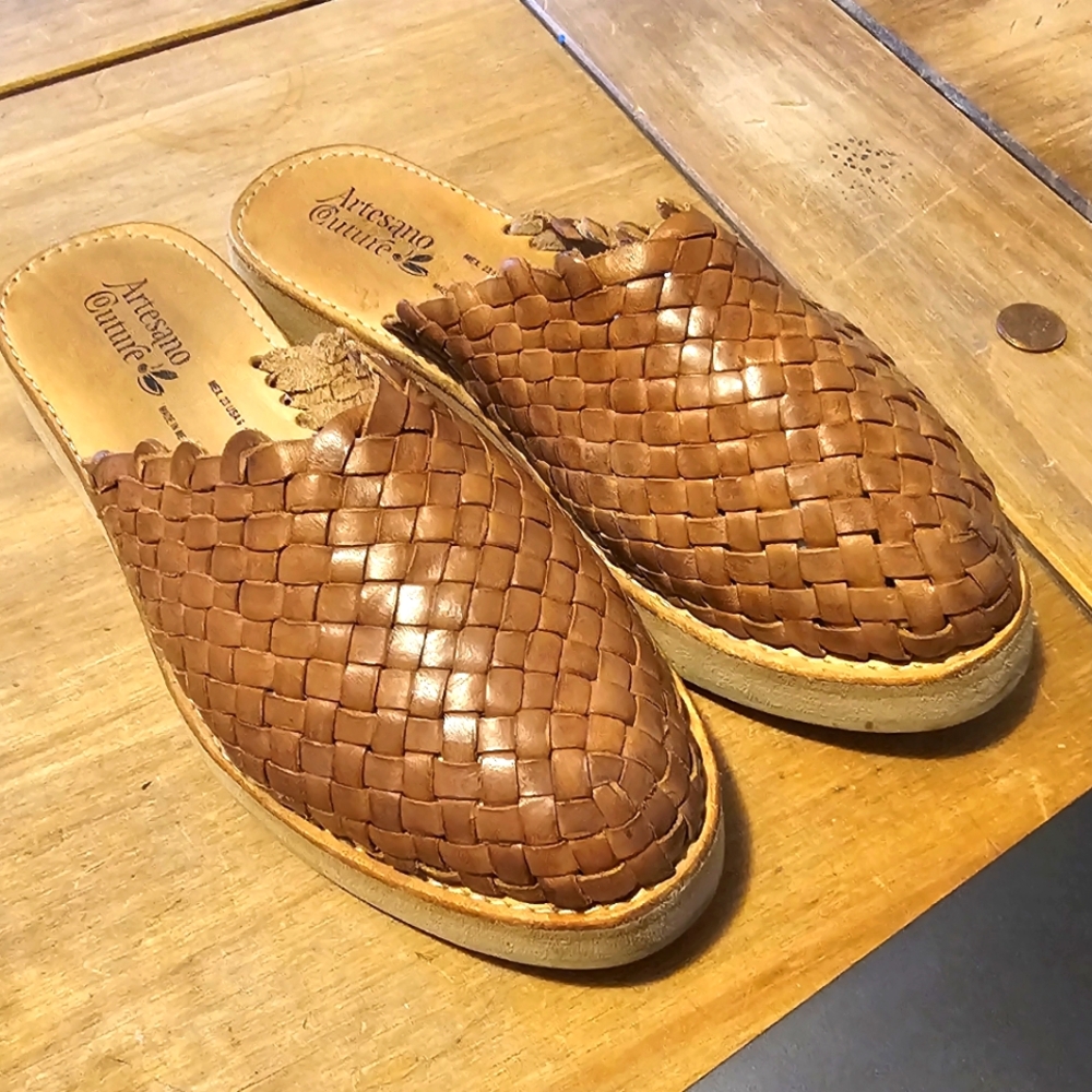 Woven leather mules